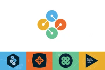 Image of the Center's new logo - four interconnected circles, with a blue circle on top, yellow and orange circles in the middle, and green at the bottom. The colors correspond to each program's logo - Blue for Data Informed Futures, Orange for All Children Thrive, Green for the Life Course Translational Research Network, and Yellow for the Social Impact Labs.