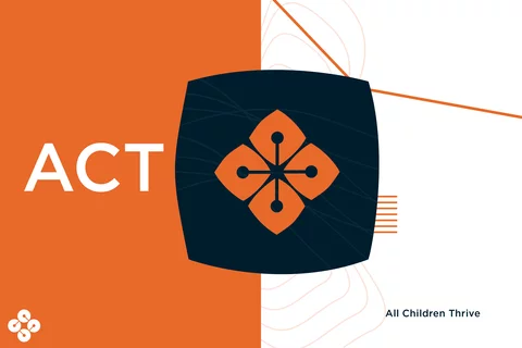 Illustration of All Children Thrive Logo, which looks like four orange petals with lines connecting the four petals in orange. Background includes orange box, with lines in the background for embellishment. Bottom left corner has Center for Healthier Children, Families, & Communities logo and right corner reads "All Children Thrive"