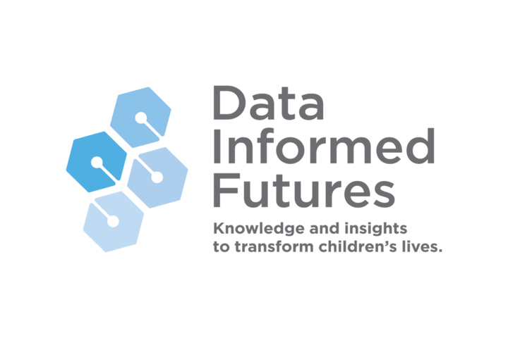 Data Informed Futures Logo, which is four stacked hexagons with short lines connecting each of them. Each hexagon is a different shade of blue, going from darker blue on the left to lighter blue on the right. Large text that reads "Data Informed Futures" and subtitle "Knowledge and insights to transform children's lives."