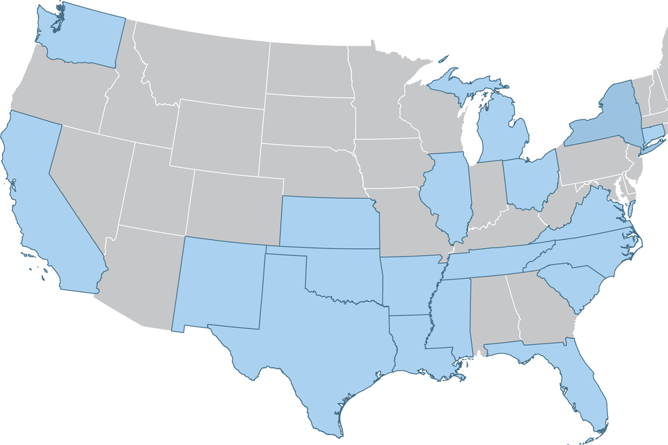 Map of the United States with 18 states highlighted. 