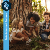 Photograph of four kids playing in the woods at dusk, overlaid with blue banner reading "Data Informed Futures" with DIF logo in the top left corner and Center logo in the bottom right corner.